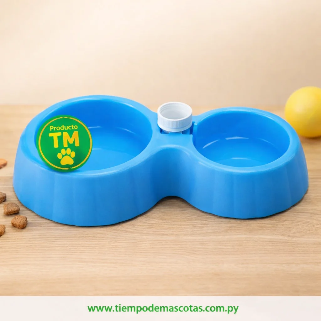 comedero plástico doble con porta botellón - Producto en Tiempo de Mascotas